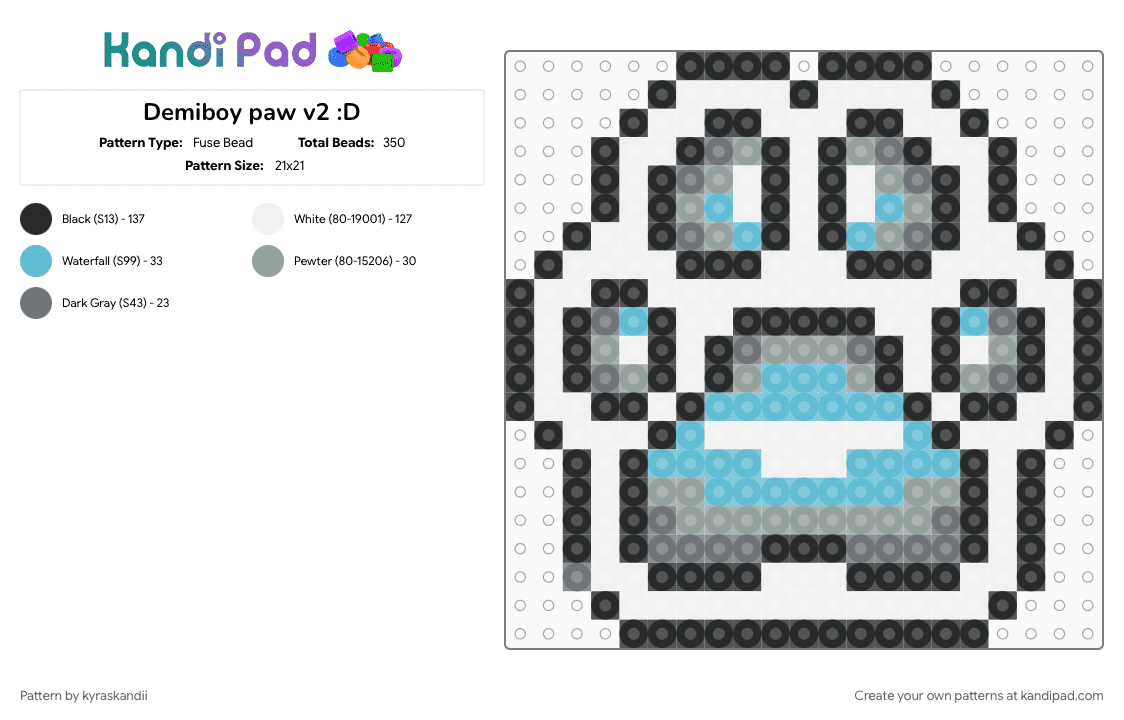 Demiboy paw v2 :D - Fuse Bead Pattern by kyraskandii on Kandi Pad - demiboy, demiboy pride, gray, lgbt, lgbtq, lgbtqia, light blue, paw, paw print, pride, white