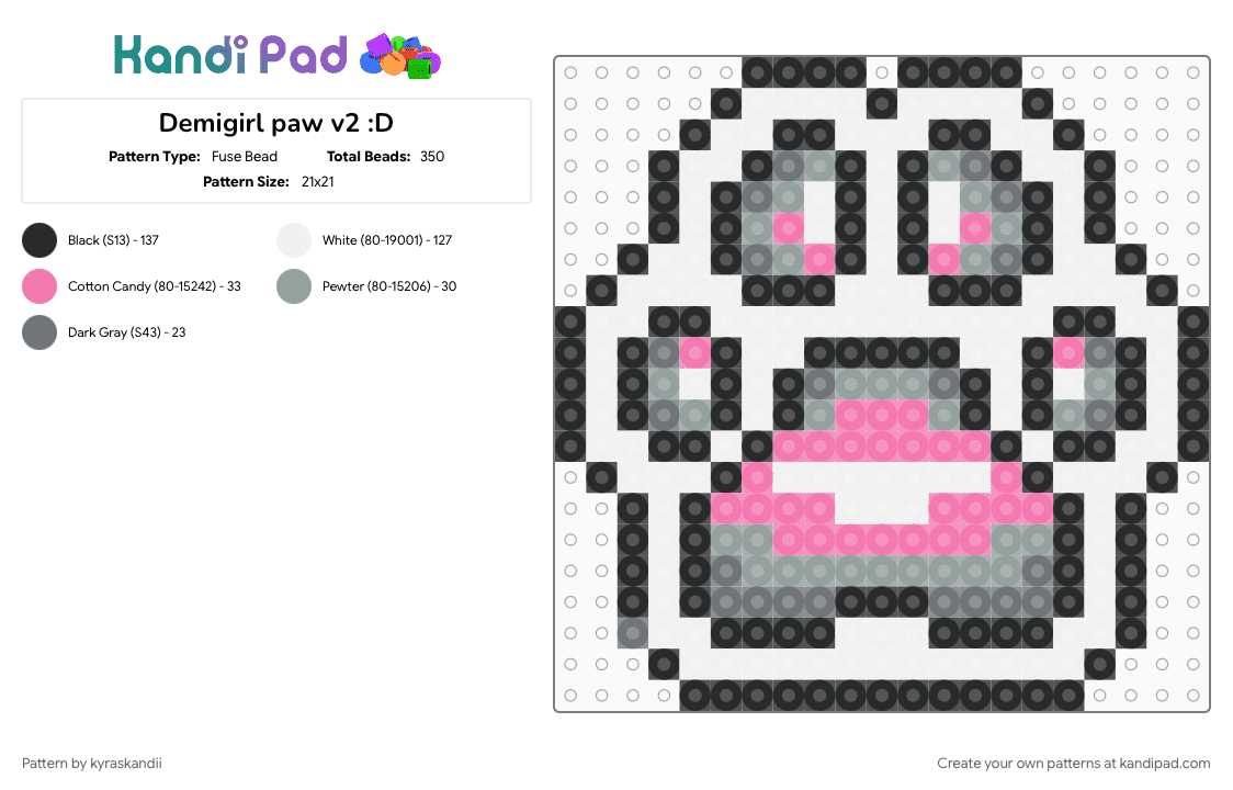 Demigirl paw v2 :D - Fuse Bead Pattern by kyraskandii on Kandi Pad - demigirl, demigirl pride, demigirl pride flag, gray, lgbt, lgbtqia2, paw, paw print, pink, pride, white