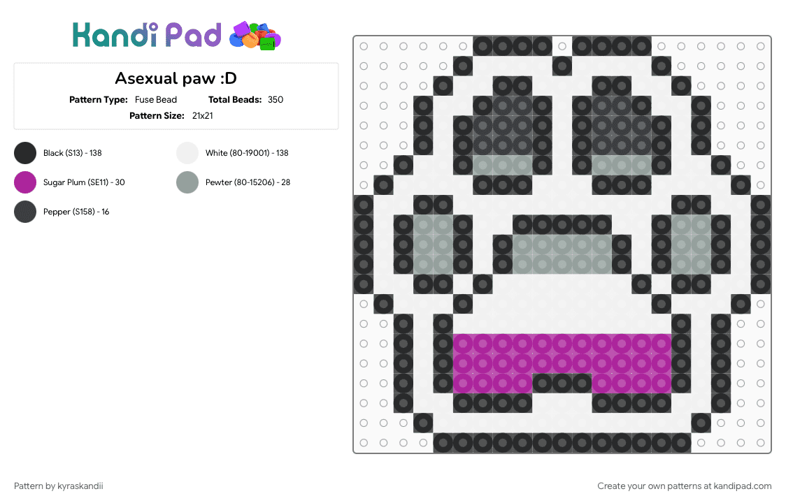 Asexual paw :D - Fuse Bead Pattern by kyraskandii on Kandi Pad - asexual, gray, paw, paw print, pink, pride, white