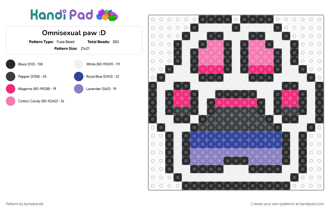 Omnisexual paw :D - Fuse Bead Pattern by kyraskandii on Kandi Pad - omnisexual, paw, paw print, pink, pride, purple, white