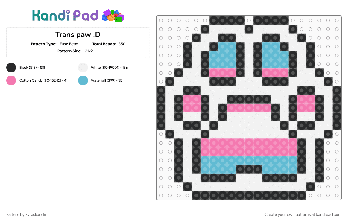 Trans paw :D - Fuse Bead Pattern by kyraskandii on Kandi Pad - light blue, paw, paw print, pink, pride, trans, transgender, white