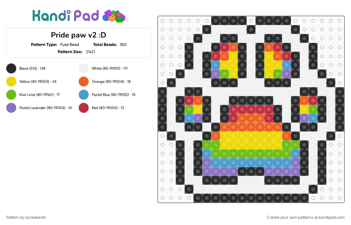 Pride/Rainbow paw v2 :D - Fuse Bead Pattern by kyraskandii on Kandi Pad - paw, paw print, pride, rainbow