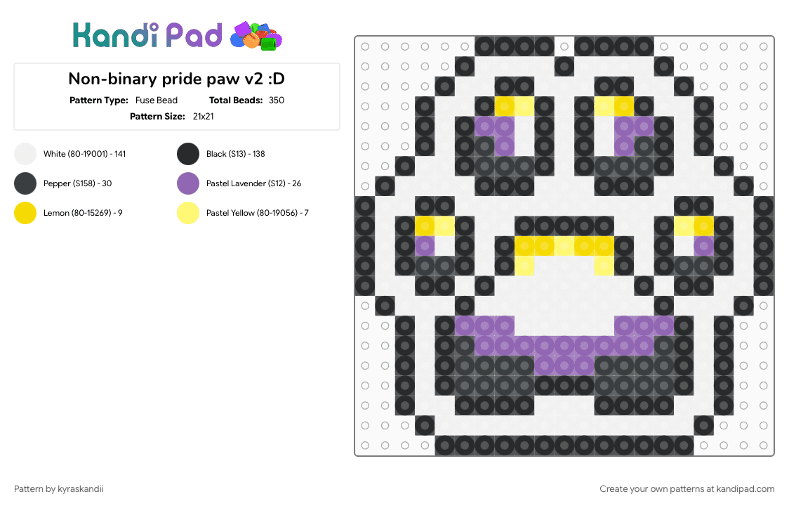 Non-binary paw v2 :D - Fuse Bead Pattern by kyraskandii on Kandi Pad - non binary, non binary flag, non binary pride, paw, paw print, pride