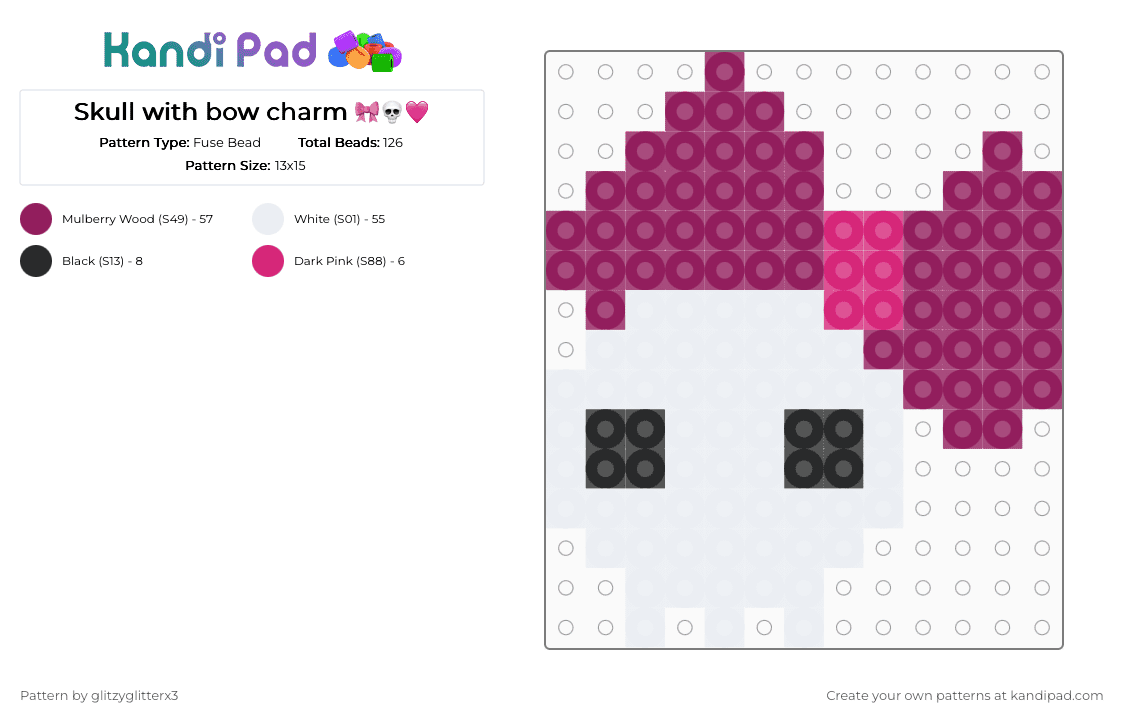Skull with bow charm 🎀💀🩷 - Fuse Bead Pattern by glitzyglittergluex3 on Kandi Pad - white,pink,charm,skull,scene,scenecore,spooky,cute,silly