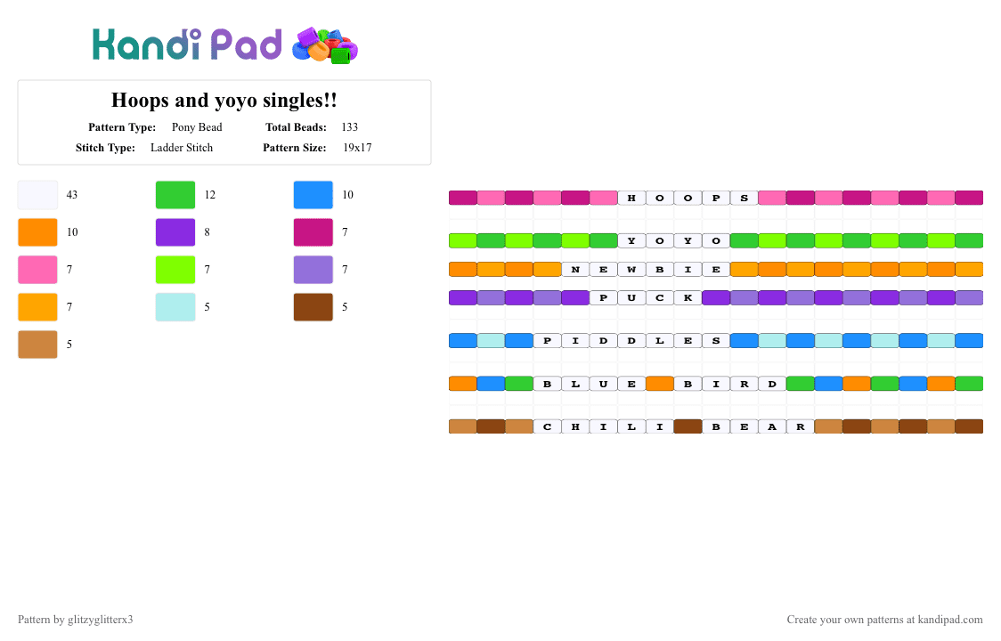 Hoops and yoyo singles!! - Pony Bead Pattern by glitzyglittergluex3 on Kandi Pad - bluebird, colorful, green, hoops, hoops and yoyo, hoopsandyoyo, newbie, piddles, puck, purple, yoyo