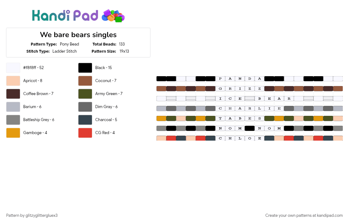 We bare bears singles - Pony Bead Pattern by glitzyglittergluex3 on Kandi Pad - bears, beige, cartoon network, characters, colorful, gray, singles, tan, we bare bears, white
