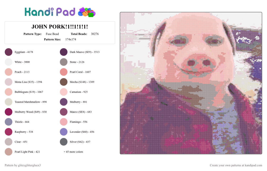 JOHN PORK!1!!1!1!1! - Fuse Bead Pattern by glitzyglittergluex3 on Kandi Pad - beige, john, john pork, meme, pig, pink