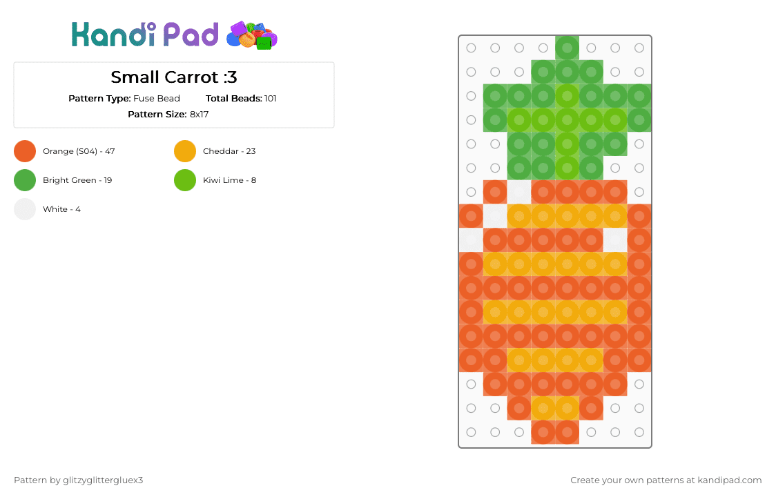 Small Carrot :3 - Fuse Bead Pattern by glitzyglittergluex3 on Kandi Pad - carrot, cotdfarming2026, crop, green, orange