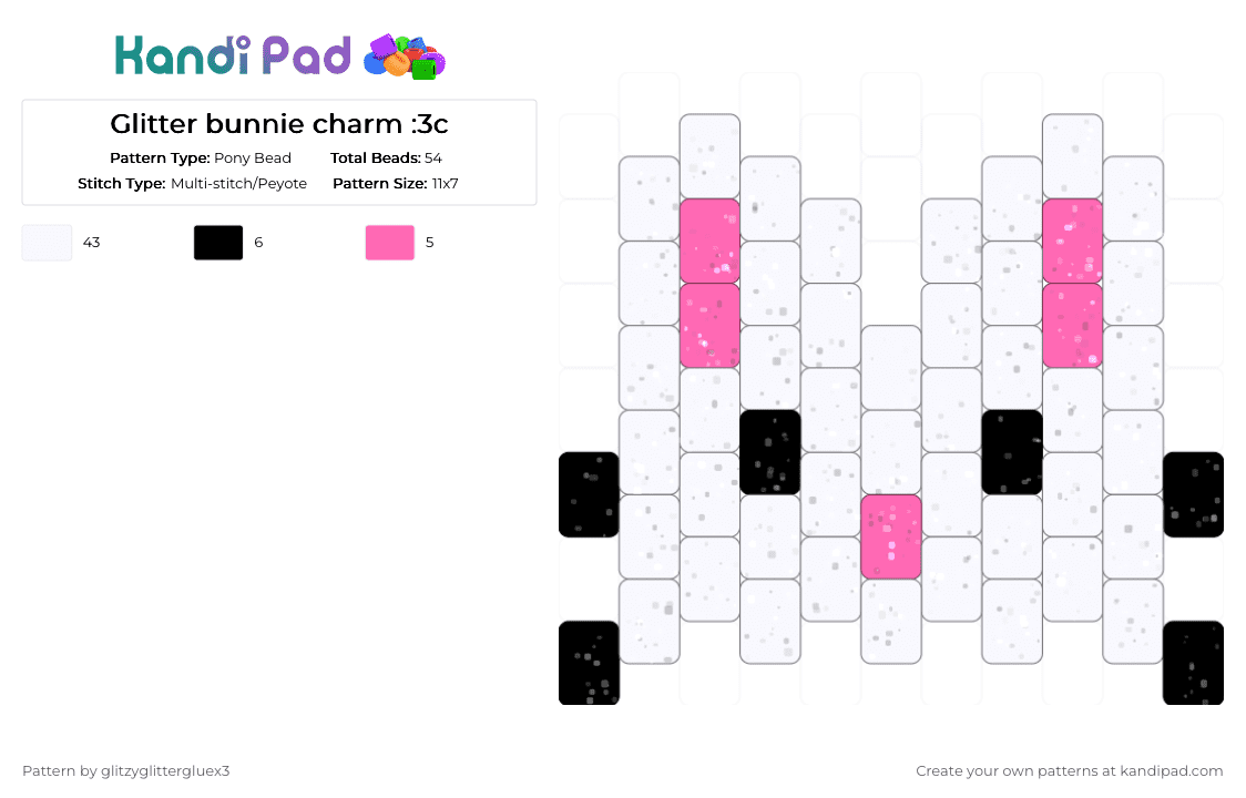 Glitter bunnie charm :3c - Pony Bead Pattern by glitzyglittergluex3 on Kandi Pad - bunnie, bunny, cute, glitter, pink, random, silly, white