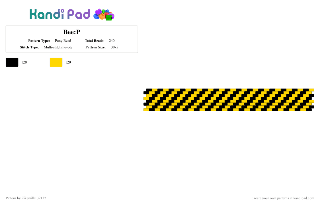 Bee:P - Pony Bead Pattern by ilikemilk132132 on Kandi Pad - black, yellow