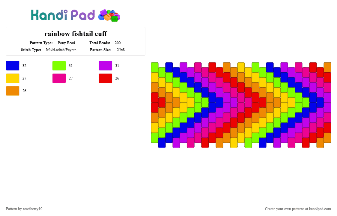 rainbow fishtail cuff - Pony Bead Pattern by rossiberry10 on Kandi Pad - green,purple,rainbow,silly,fishtail,fish,multistitch,kandi,easy,ideas