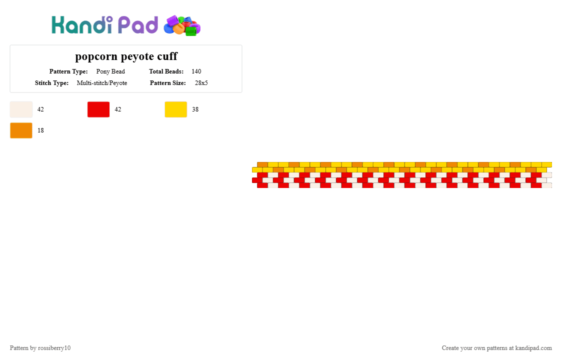 popcorn peyote cuff - Pony Bead Pattern by rossiberry10 on Kandi Pad - yellow,red,cotdfoodfestival,popcorn,food,white,fun,peyote stitch