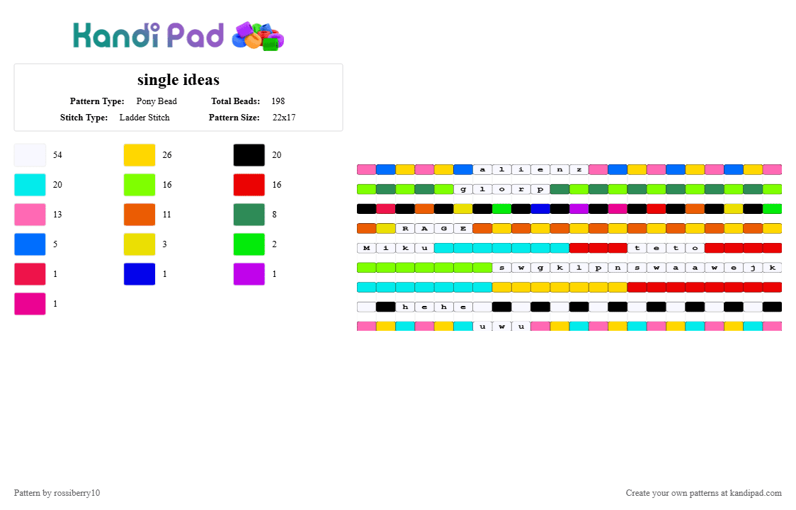 single ideas - Pony Bead Pattern by rossiberry10 on Kandi Pad - yellow,green,red,colorful,rainbow,glorp,michel jackson,uwu,silly