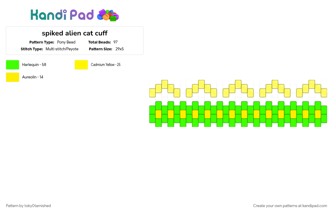 spiked alien cat cuff - Pony Bead Pattern by toky0tarnished on Kandi Pad - alien, cat, green, pride, yellow