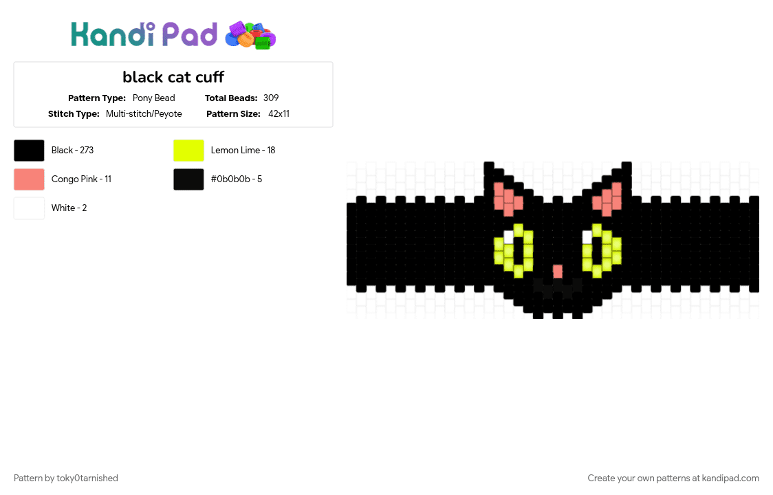 black cat cuff - Pony Bead Pattern by toky0tarnished on Kandi Pad - animal, black, cat, cute, feline, kitten, kitty, orange, yellow
