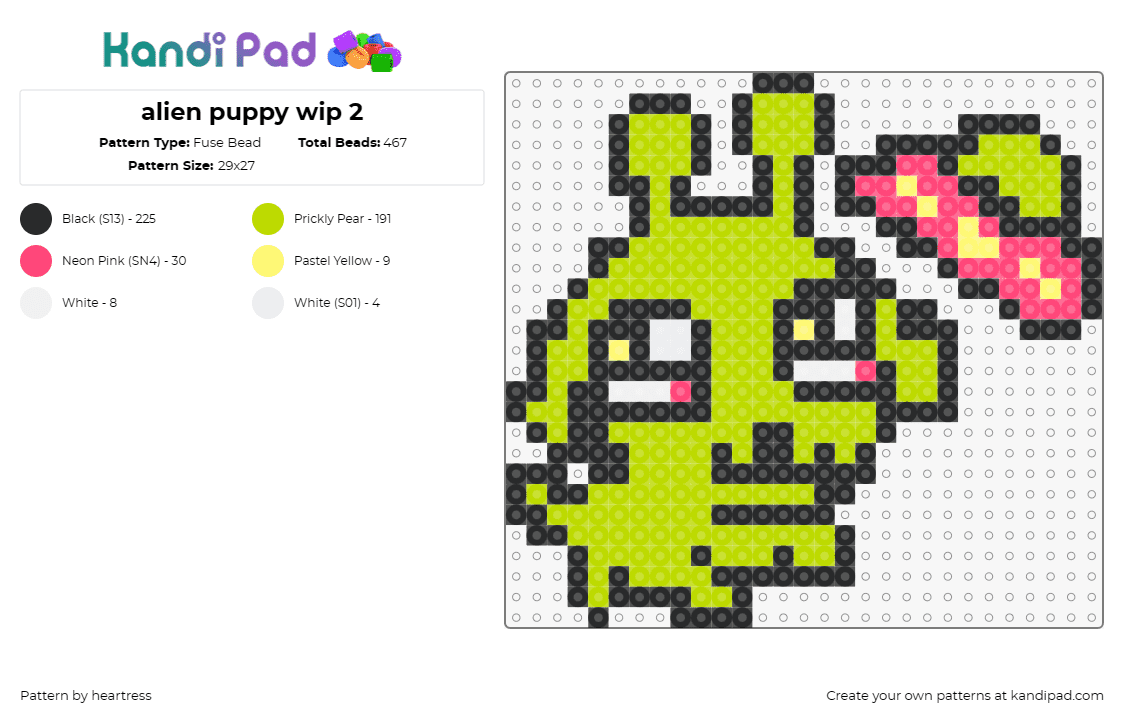 alien puppy wip 2 - Fuse Bead Pattern by heartress on Kandi Pad - alien,puppy,ufo,cute,playful,dog,space,extraterrestrial,green