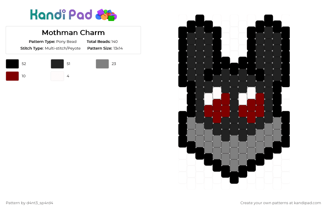 Mothman Charm - Pony Bead Pattern by vega0np4wz on Kandi Pad - black,brown,gray