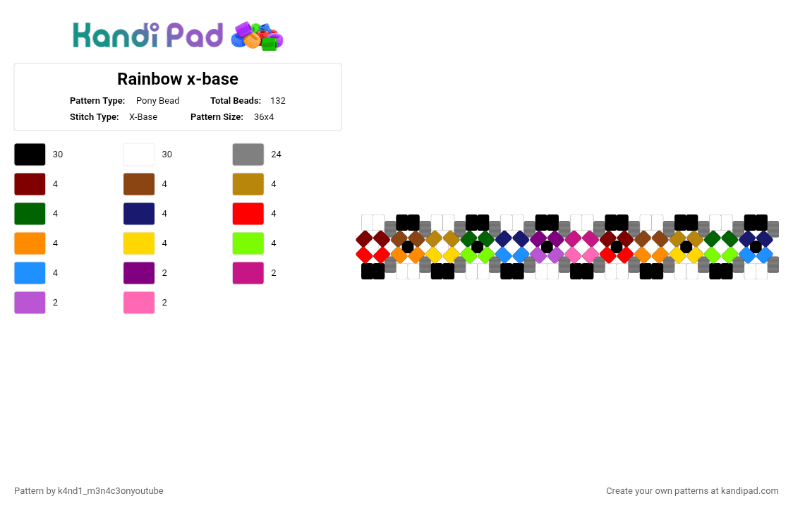 Rainbow x-base - Pony Bead Pattern by k4nd1_m3n4c3onyoutube on Kandi Pad - gray,pink,red,green