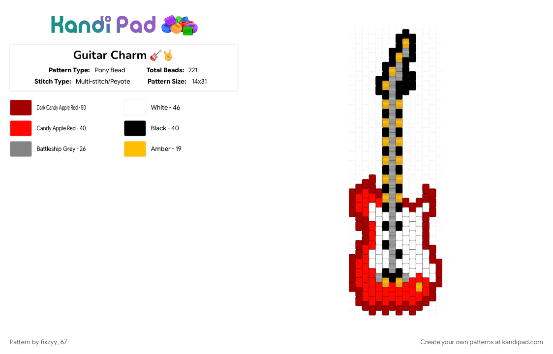 Guitar Charm 🎸🤘 - Pony Bead Pattern by fixzyy_67 on Kandi Pad - charm, guitar, guitar charm, guitarist, kandi, kandi charm, kandi guitar, red