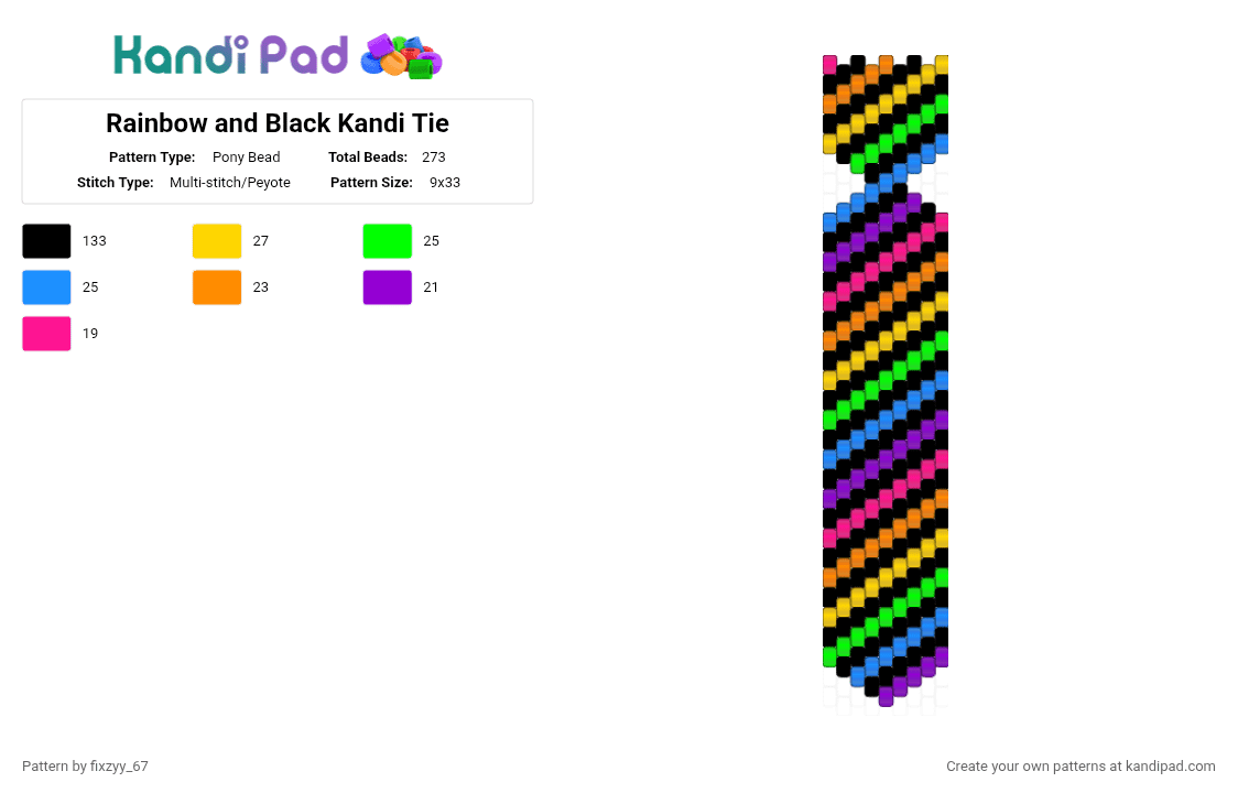 Rainbow and Black Kandi Tie 🌈 - Pony Bead Pattern by fixzyy_67 on Kandi Pad - black, colorful, light blue, yellow