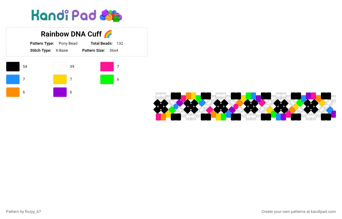 Rainbow DNA Cuff 🌈🧬 - Pony Bead Pattern by fixzyy_67 on Kandi Pad - colorful, cuff, dna, dna cuff, green, light blue, purple, rainbow, white, xbase
