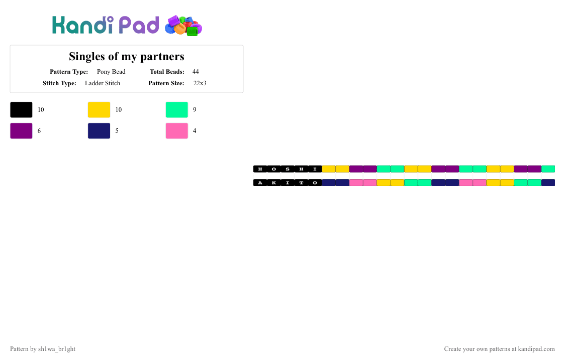 Singles of my partners - Pony Bead Pattern by vega0n4p4wz0fficalkp on Kandi Pad - yellow,pink,teal