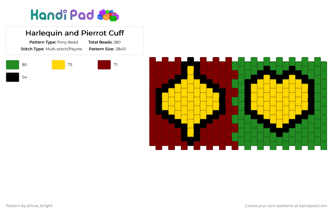 Harlequin and Pierrot Cuff - Pony Bead Pattern by vega0n4p4wz0fficalkp on Kandi Pad - green,yellow
