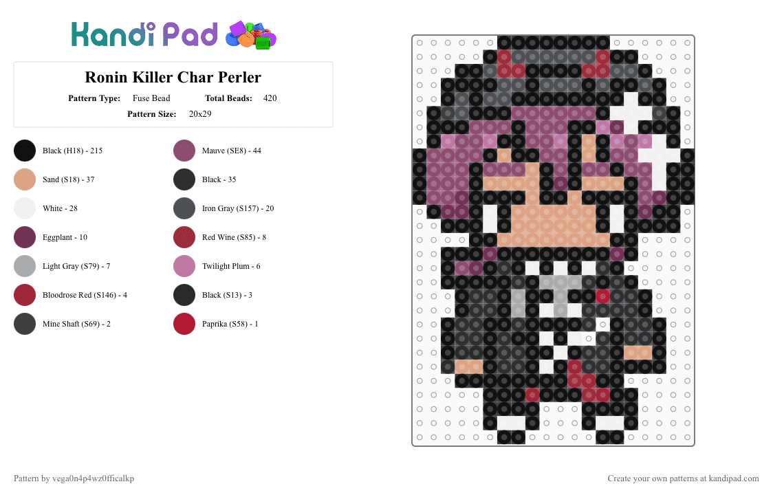 Ronin Killer Chat Perler - Fuse Bead Pattern by vega0n4p4wz0fficalkp on Kandi Pad - black,pink,beige
