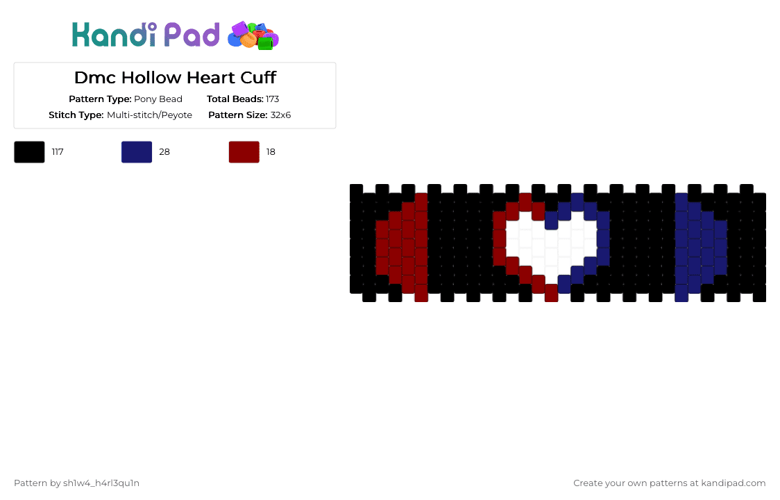 Dmc Hollow Heart Cuff - Pony Bead Pattern by sh1w4_h4rl3qu1n on Kandi Pad - black,red,purple