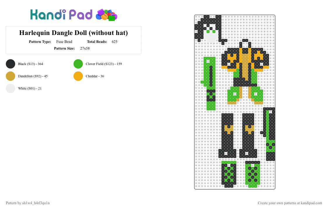 Harlequin Dangle Doll (without hat) - Fuse Bead Pattern by vega0n4p4wz0fficalkp on Kandi Pad - black,green,orange