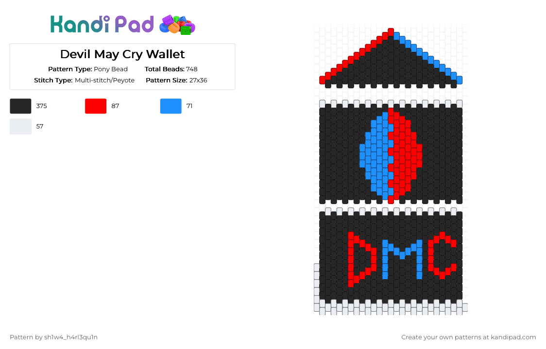 Devil May Cry Wallet - Pony Bead Pattern by sh1w4_h4rl3qu1n on Kandi Pad - black,red,light blue