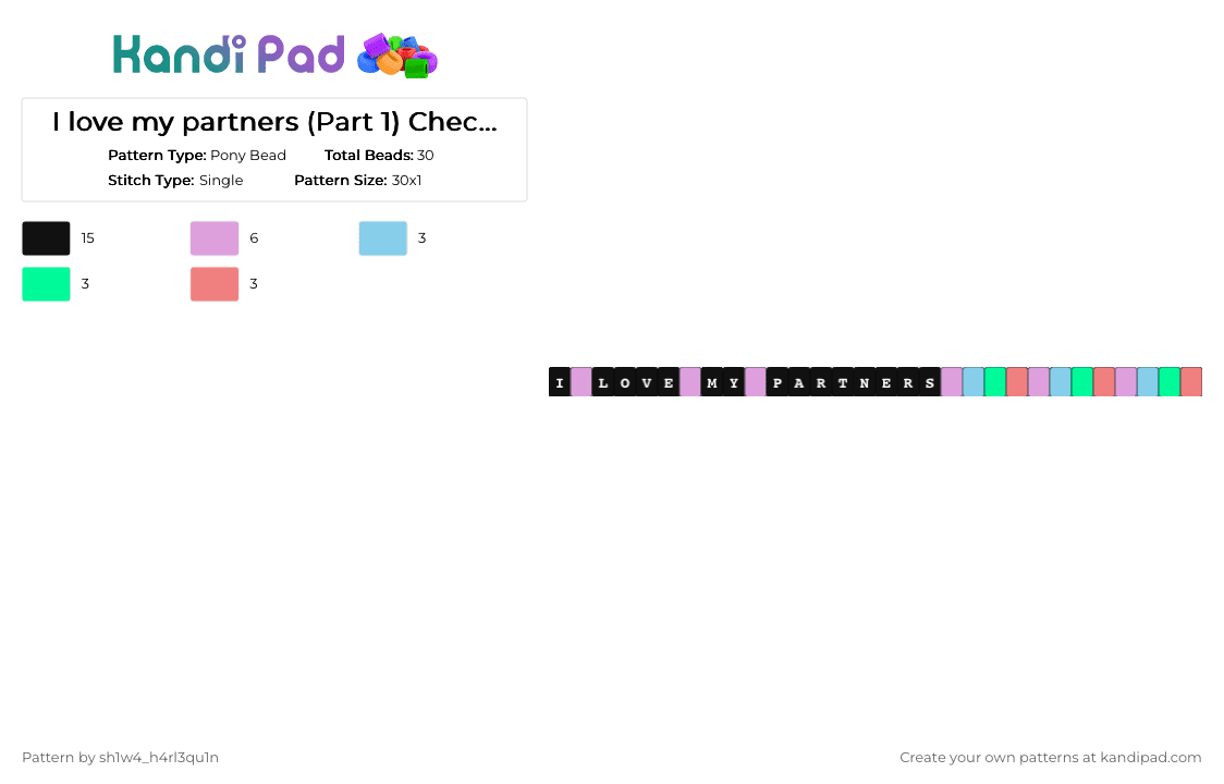 I love my partners (Part 1) Check Des - Pony Bead Pattern by vega0n4p4wz0fficalkp on Kandi Pad - black,pink