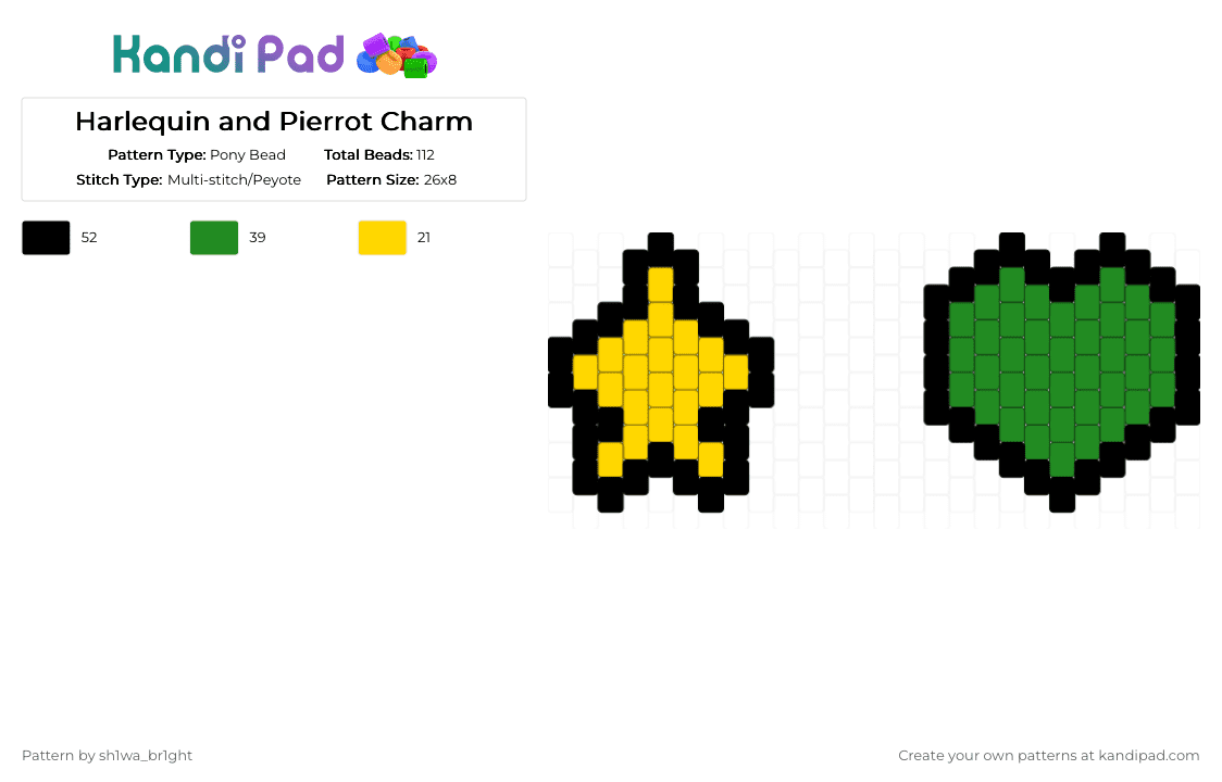 Harlequin and Pierrot Charm - Pony Bead Pattern by vega0n4p4wz0fficalkp on Kandi Pad - yellow,green