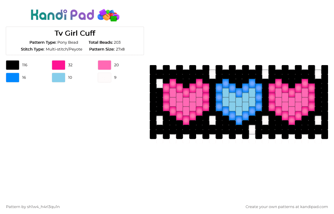 Tv Girl Cuff - Pony Bead Pattern by vega0n4p4wz0fficalkp on Kandi Pad - black,pink,light blue