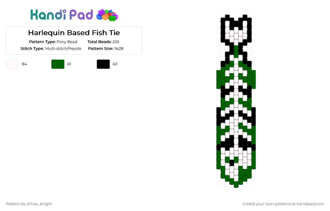 Harlequin Based Fish Tie - Pony Bead Pattern by vega0n4p4wz0fficalkp on Kandi Pad - green,white