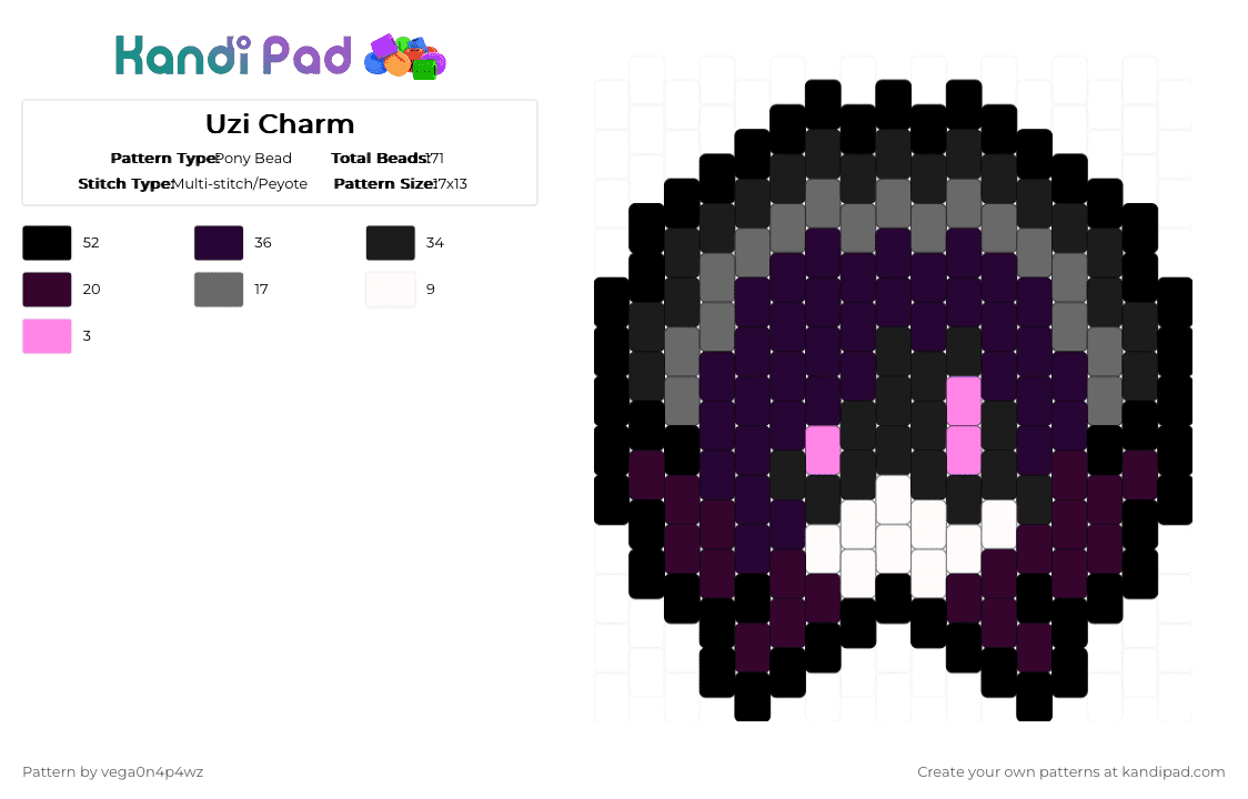 Uzi Charm - Pony Bead Pattern by vega0n4p4wz0fficalkp on Kandi Pad - black,gray
