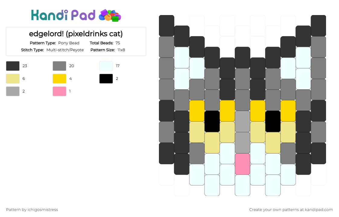 edgelord! (pixeldrinks cat) - Pony Bead Pattern by ichigosmistress on Kandi Pad - gray, yellow