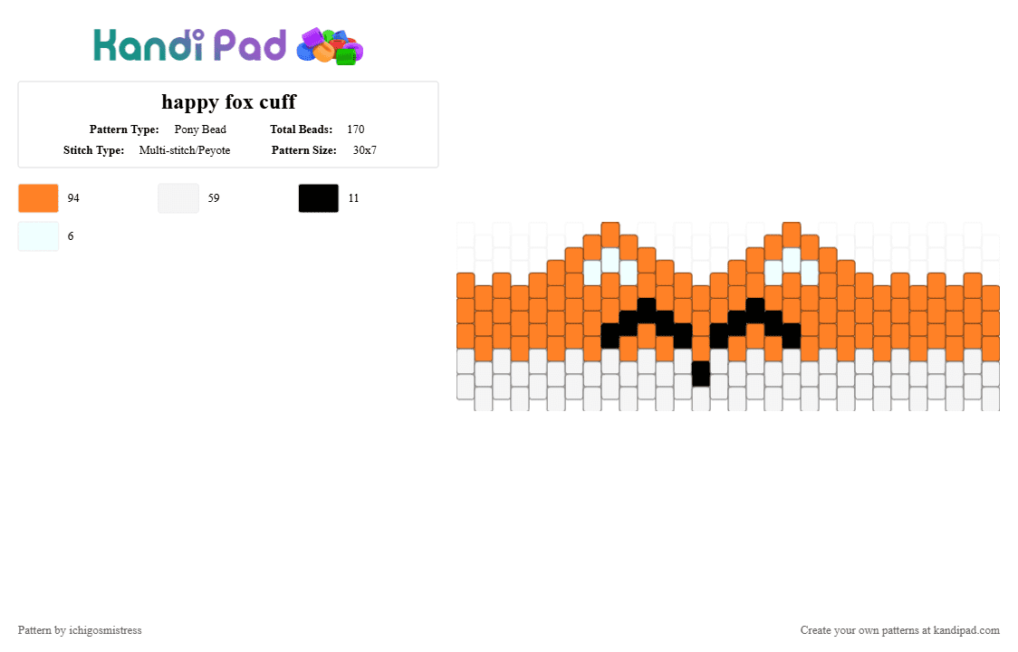 happy fox cuff - Pony Bead Pattern by ichigosmistress on Kandi Pad - orange, white