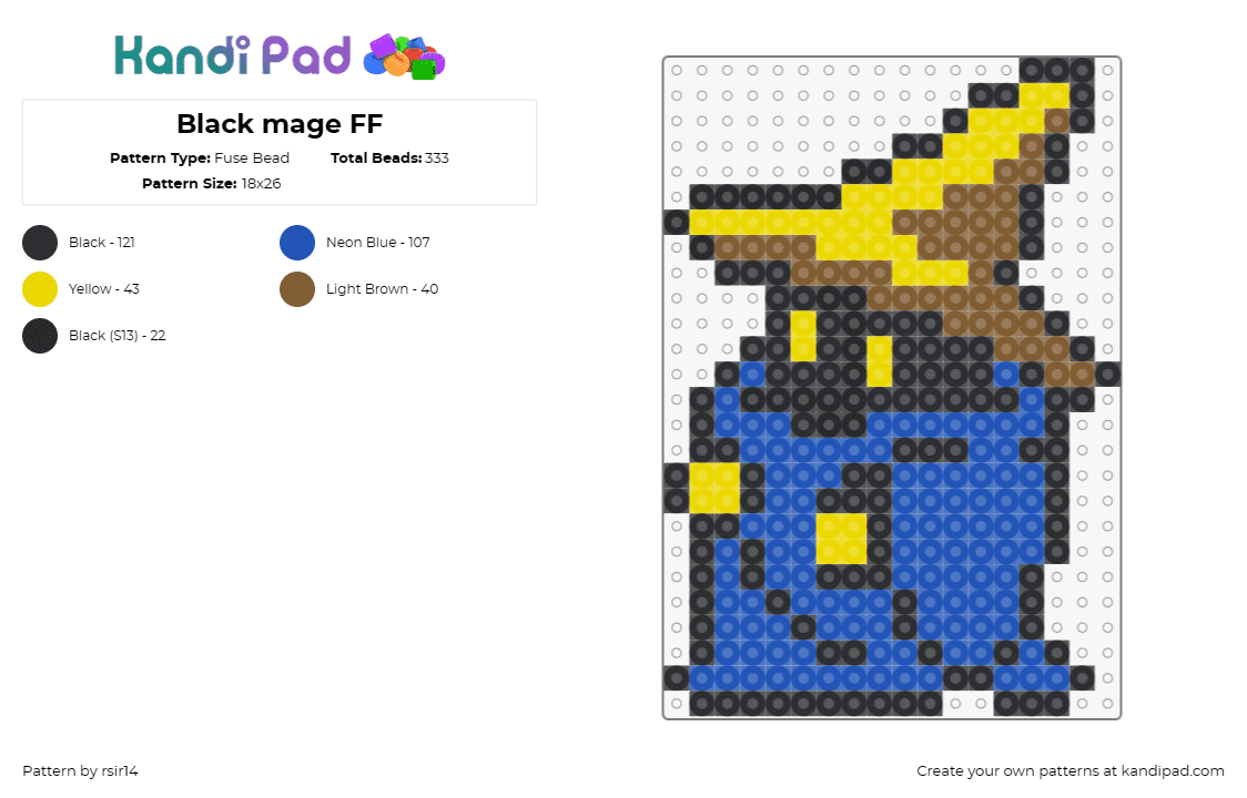 Black mage FF - Fuse Bead Pattern by rsir14 on Kandi Pad - black mage,final fantasy,wizard,character,video game,magic,blue,yellow