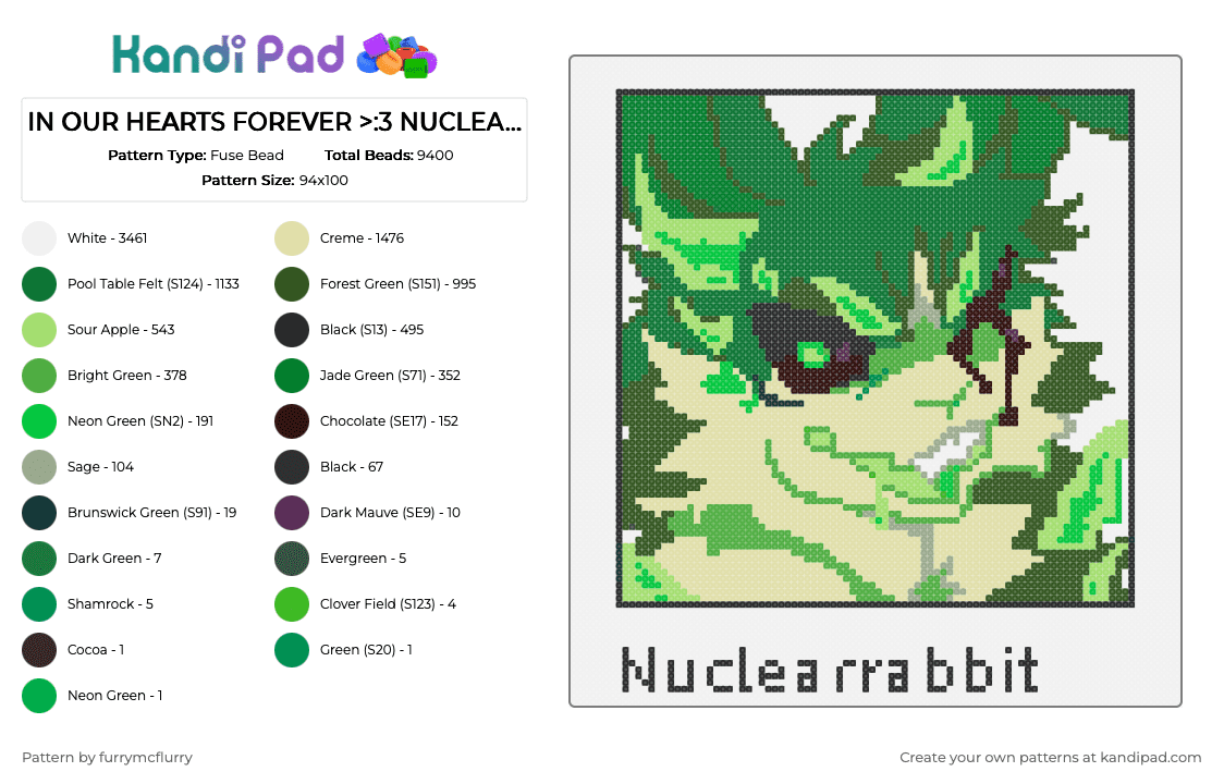 IN OUR HEARTS FOREVER >:3 NUCLEARRABBIT FROM KAIJU PARIDISE - Fuse Bead Pattern by furrymcflurry on Kandi Pad - green,gold,yellow,kaiju paradise,roblox,furry,otherpaw,therian,gnarpy,idk,i dont know lol