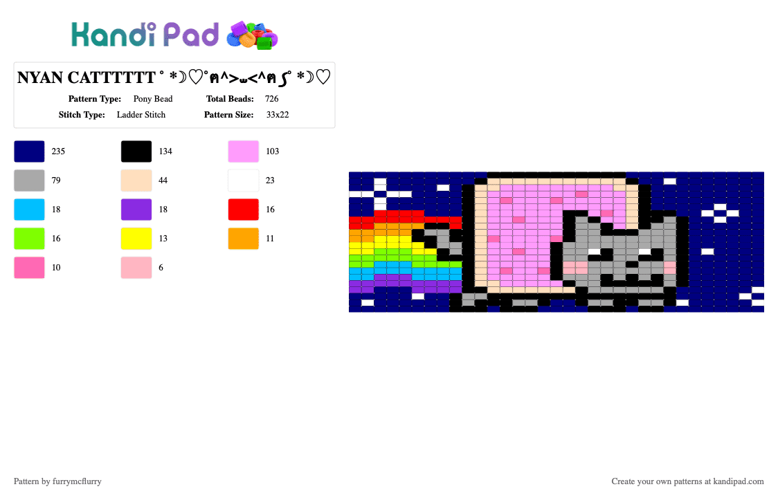 NYAN CATTTTTT ˚ *☽♡˚ฅ^>⩊ - Pony Bead Pattern by furrymcflurry on Kandi Pad - purple,beige,pink