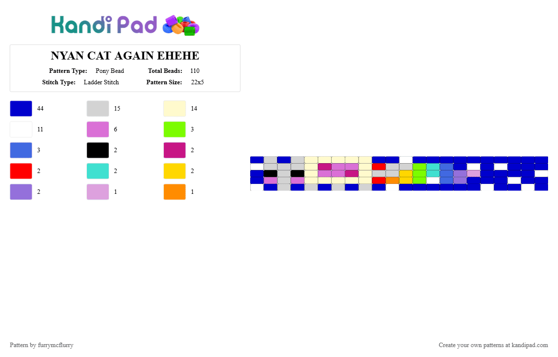 NYAN CAT AGAIN EHEHE - Pony Bead Pattern by furrymcflurry on Kandi Pad - cat, kitty, meow, nyan, nyan cat, purple, tac, uwu, yellow