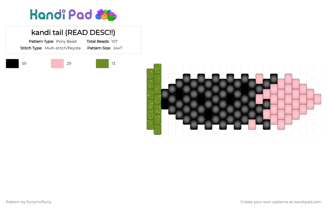 kandi tail (READ DESC!!) - Pony Bead Pattern by furrymcflurry on Kandi Pad - cat, charm, fox, furry, green, otherpaw, pink, tail, therian, wolf