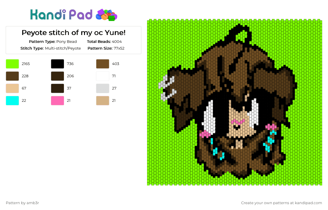 Peyote stitch of my oc Yune! - Pony Bead Pattern by amb3r on Kandi Pad - green