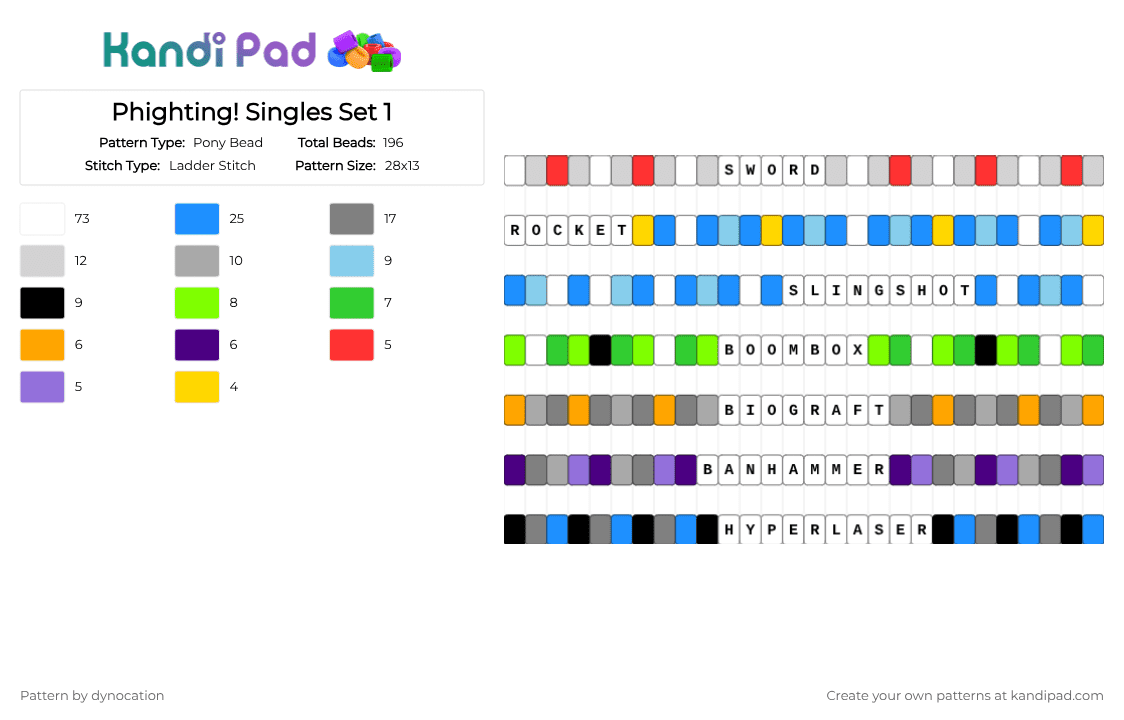 Phighting! Singles Set 1 - Pony Bead Pattern by dynocation on Kandi Pad - white,light blue,green,gray,phighting,roblox