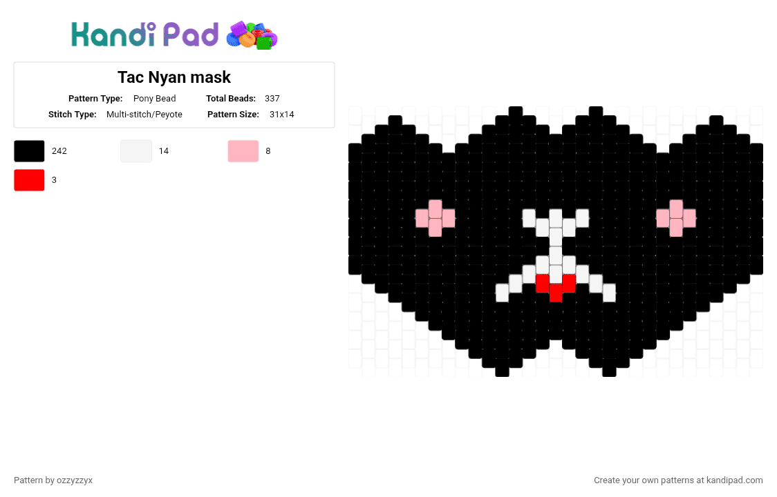 Tac Nyan mask - Pony Bead Pattern by ozzyzzyx on Kandi Pad - black,white,red,pink