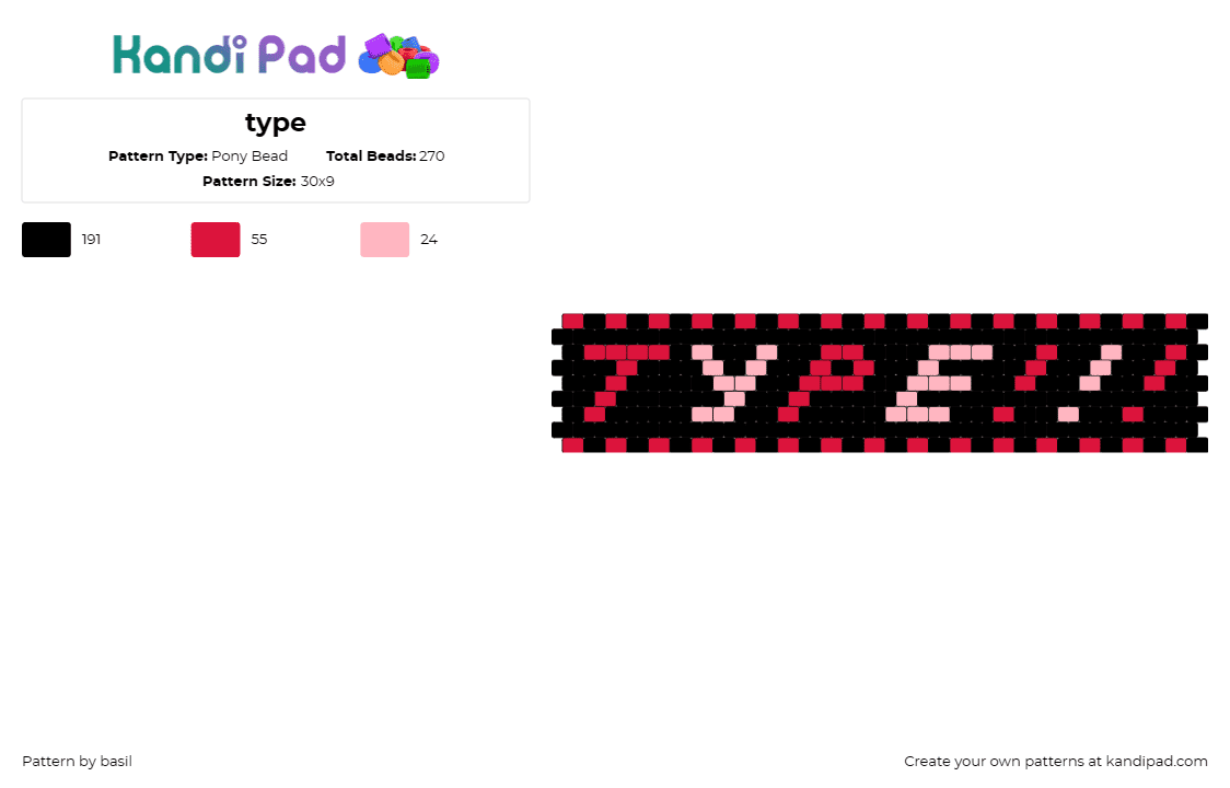 type - Pony Bead Pattern by basil on Kandi Pad - type,text,cuff,customizable,message,black,red