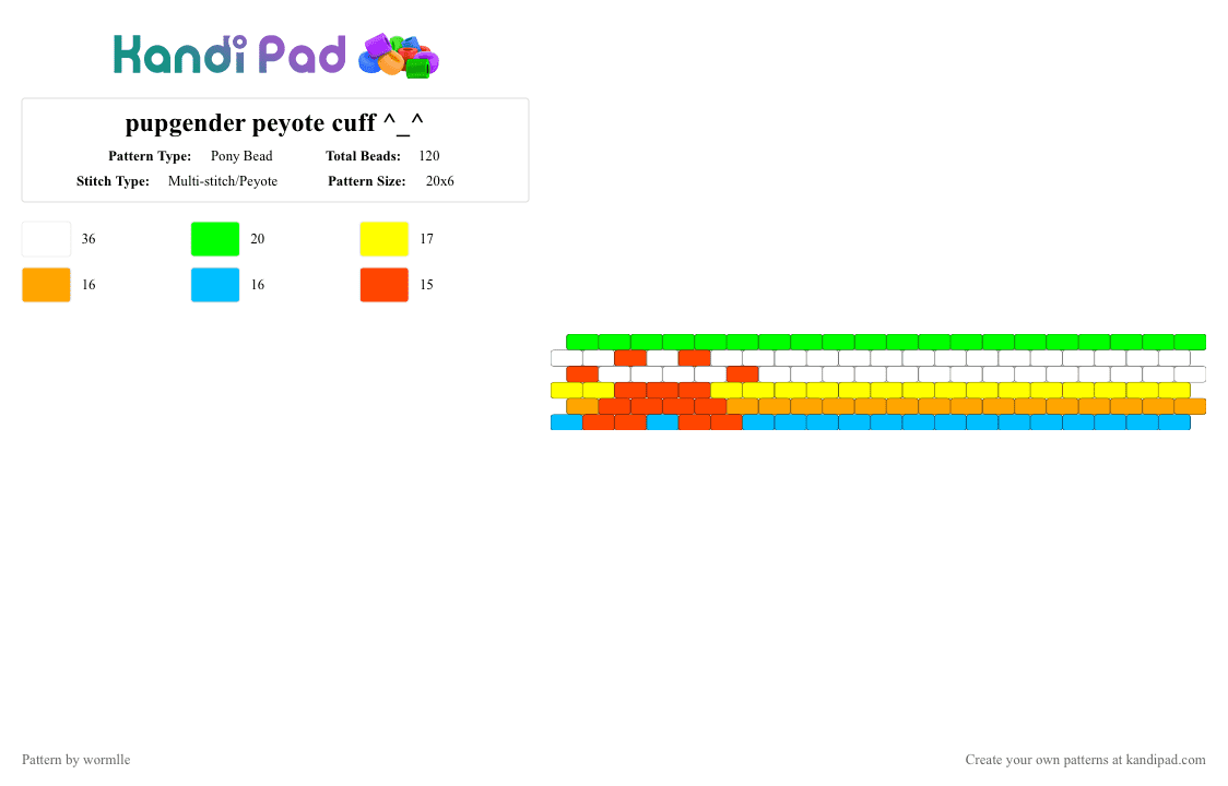 pupgender peyote cuff ^_^ - Pony Bead Pattern by wormlle on Kandi Pad - flag, green, light blue, orange, pride, pride flag, prideflag, pup, pupgender, puppy, yay, yellow