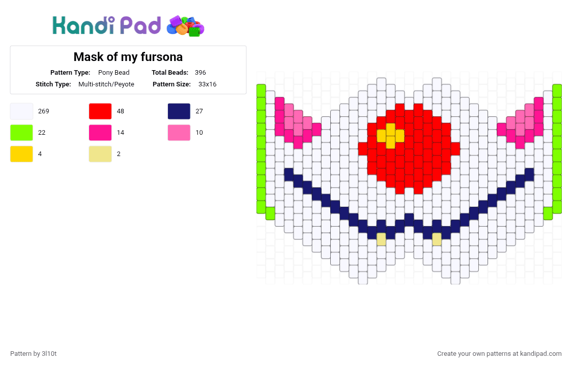 Mask of my fursona - Pony Bead Pattern by 3l10t on Kandi Pad - white,pink,purple,red