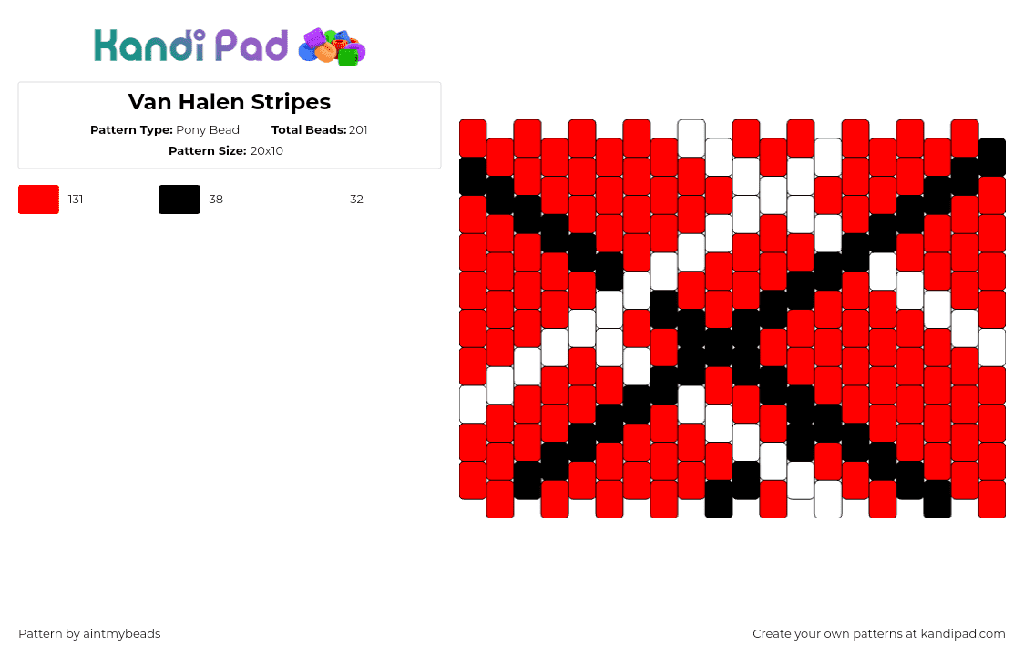 Van Halen Stripes - Pony Bead Pattern by aintmybeads on Kandi Pad - eddie van halen,stripes,guitar,classic,music,red,black,white